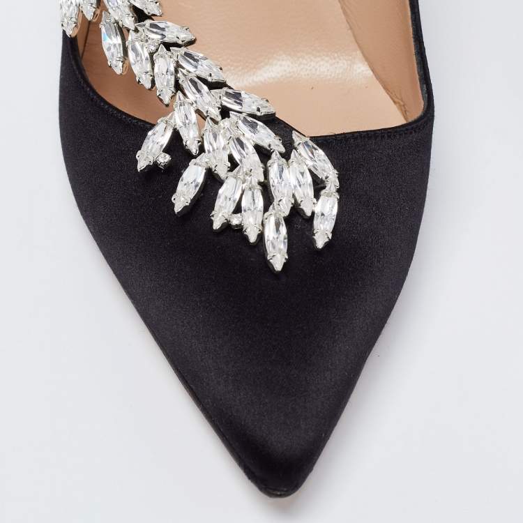Pre Owned Manolo Blahnik Black Satin Jewel Nadira Pointed Toe Pumps Size 37.5