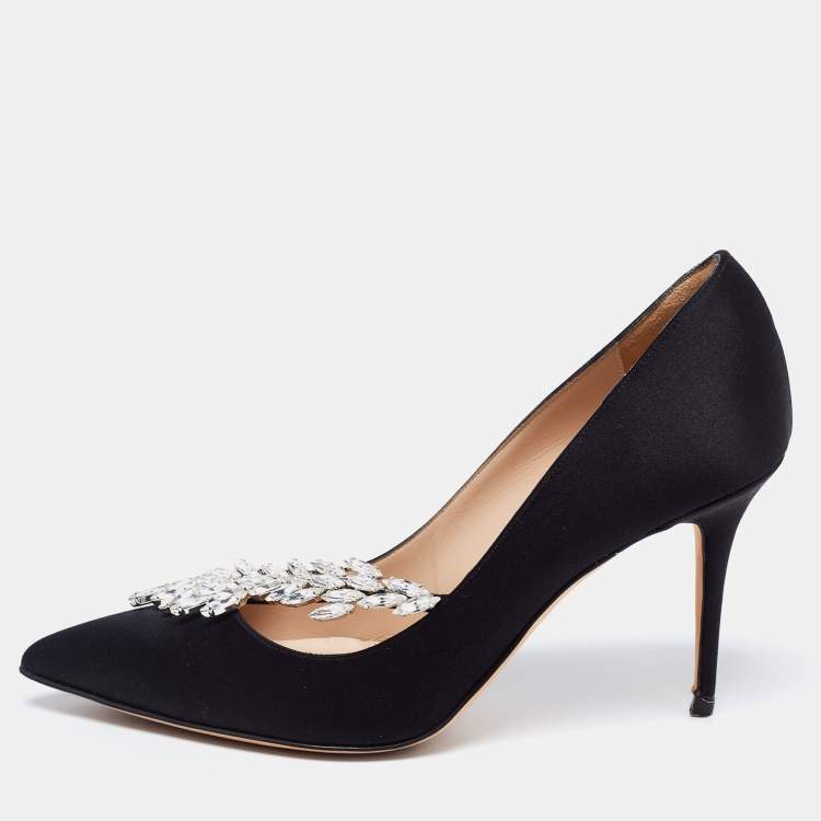 Pre Owned Manolo Blahnik Black Satin Jewel Nadira Pointed Toe Pumps Size 37.5