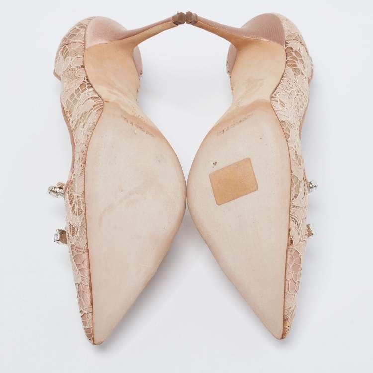 مملوكة مسبقًا Manolo Blahnik Dusty Pink Lace Borlak Crystal Embellished Pumps Size 37.5