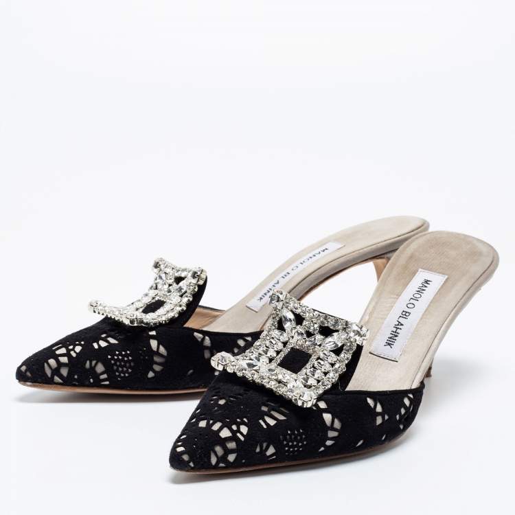 Pre Owned Manolo Blahnik Black/Grey Laser Cut Suede and Satin Borli Mules Size 37
