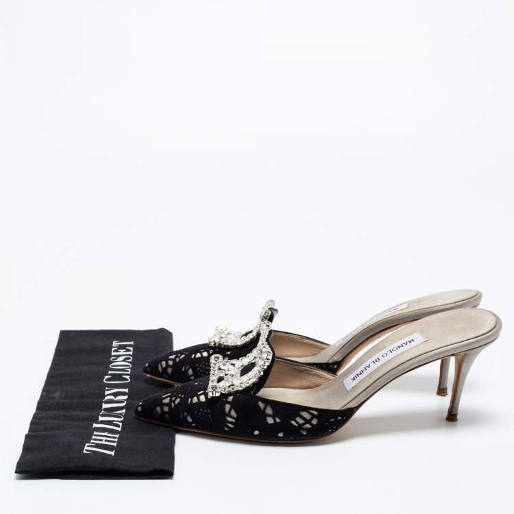 Pre Owned Manolo Blahnik Black/Grey Laser Cut Suede and Satin Borli Mules Size 37