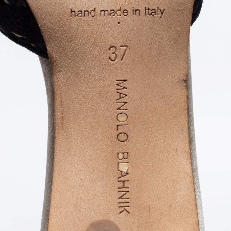 Pre Owned Manolo Blahnik Black/Grey Laser Cut Suede and Satin Borli Mules Size 37
