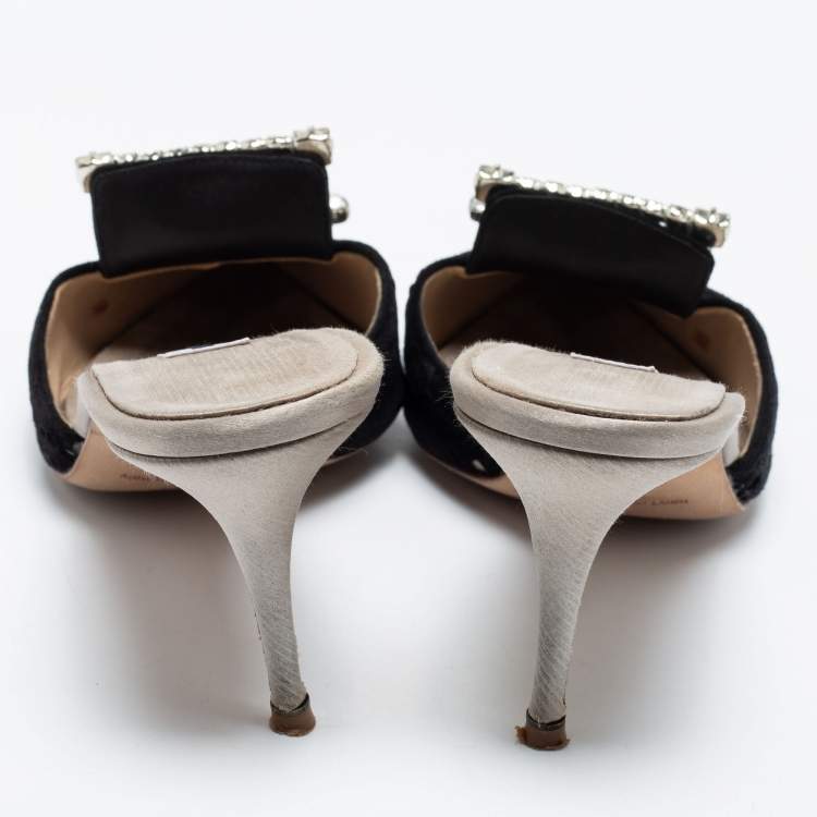 Pre Owned Manolo Blahnik Black/Grey Laser Cut Suede and Satin Borli Mules Size 37