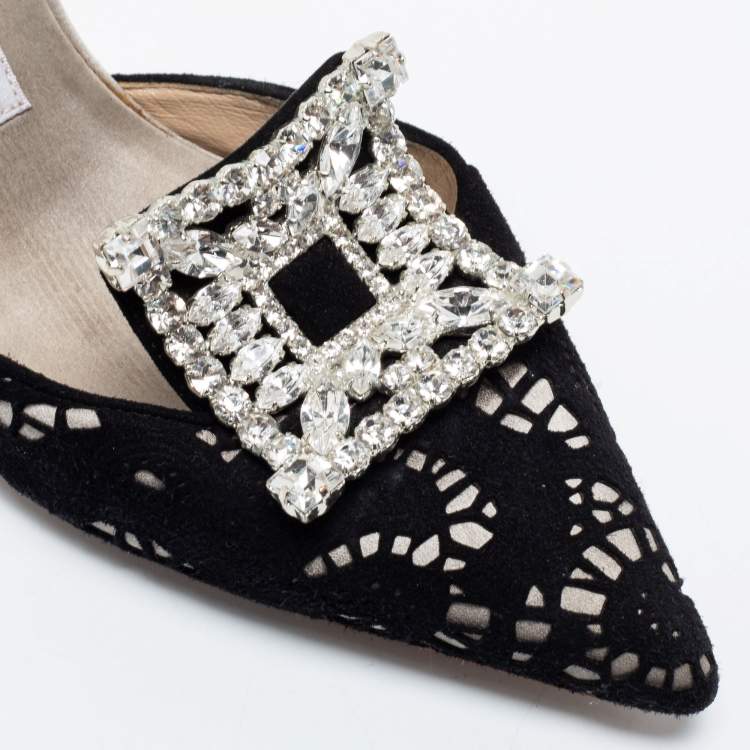 Pre Owned Manolo Blahnik Black/Grey Laser Cut Suede and Satin Borli Mules Size 37