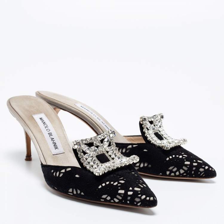 Pre Owned Manolo Blahnik Black/Grey Laser Cut Suede and Satin Borli Mules Size 37