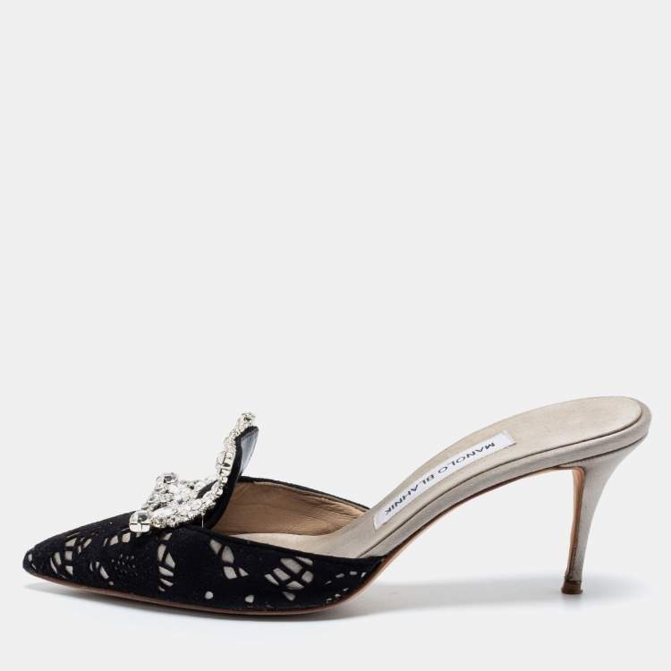 Pre Owned Manolo Blahnik Black/Grey Laser Cut Suede and Satin Borli Mules Size 37