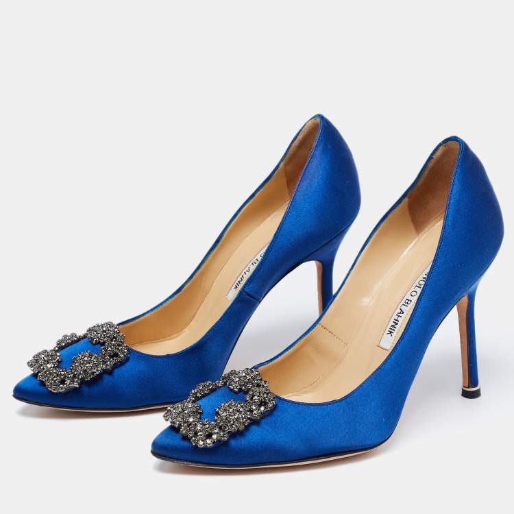 Pre Owned Manolo Blahnik Blue Satin Hangisi Embellished Pumps Size 36