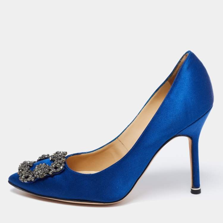 Pre Owned Manolo Blahnik Blue Satin Hangisi Embellished Pumps Size 36