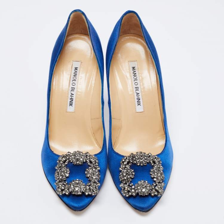 Pre Owned Manolo Blahnik Blue Satin Hangisi Embellished Pumps Size 36