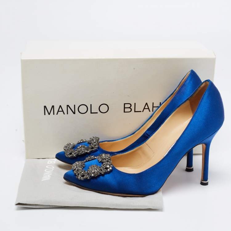 Pre Owned Manolo Blahnik Blue Satin Hangisi Embellished Pumps Size 36
