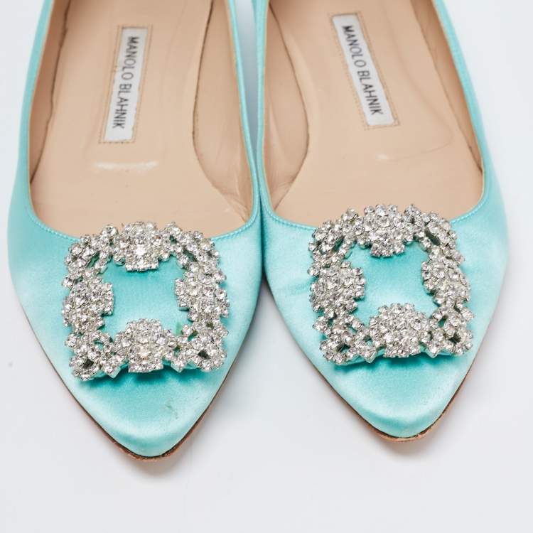 Pre Owned Manolo Blahnik Light Blue Satin Hangisi Flats Size 38