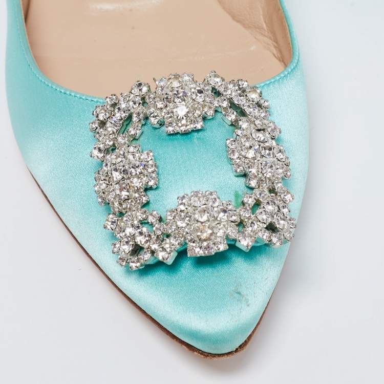 Pre Owned Manolo Blahnik Light Blue Satin Hangisi Flats Size 38