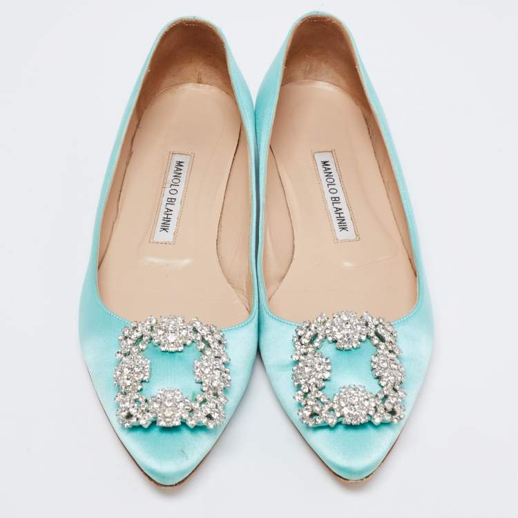 Pre Owned Manolo Blahnik Light Blue Satin Hangisi Flats Size 38