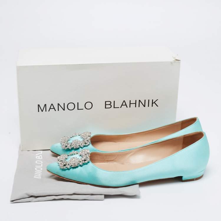Pre Owned Manolo Blahnik Light Blue Satin Hangisi Flats Size 38