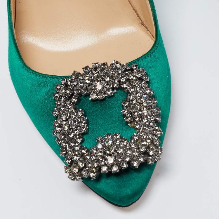 Pre Owned Manolo Blahnik Green Satin Hangisi Embellished Pumps Size 35.5