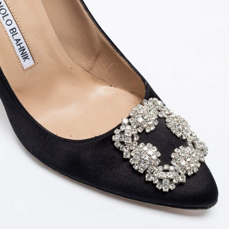 Pre Owned Manolo Blahnik Black Satin Hangisi Pumps Size 38.5