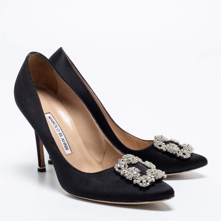 Pre Owned Manolo Blahnik Black Satin Hangisi Pumps Size 38.5