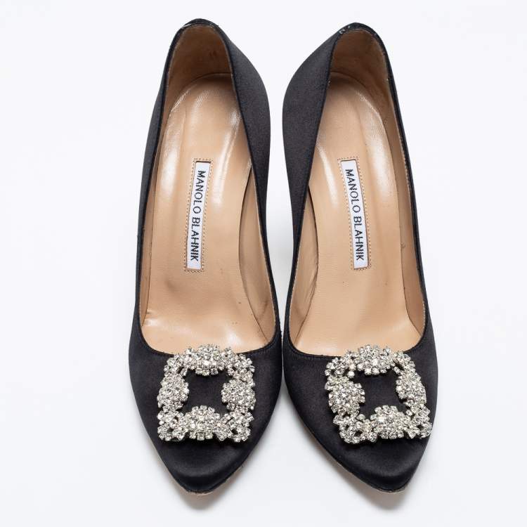 Pre Owned Manolo Blahnik Black Satin Hangisi Pumps Size 38.5