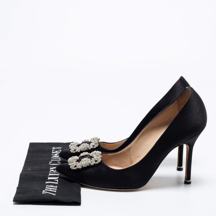 Pre Owned Manolo Blahnik Black Satin Hangisi Pumps Size 38.5