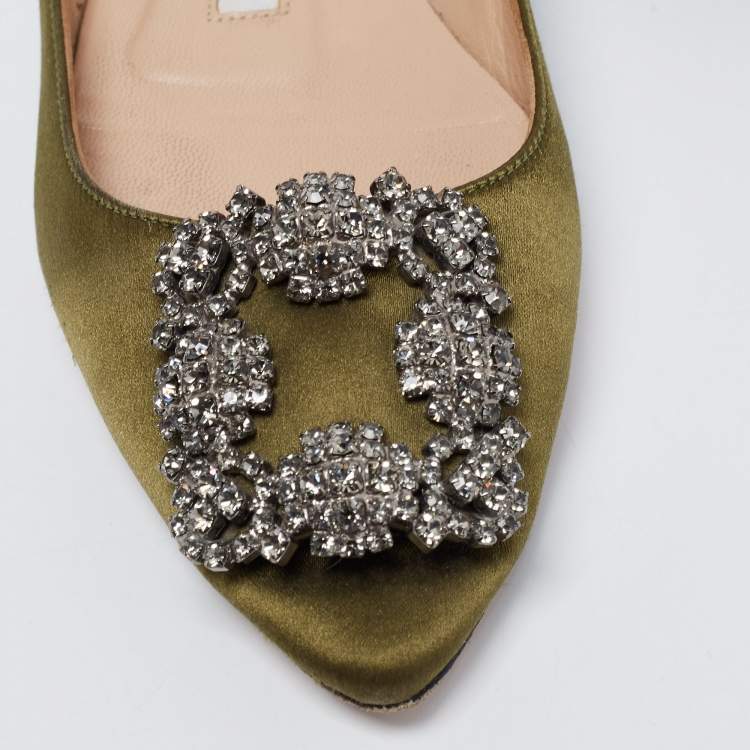 Pre Owned Manolo Blahnik Olive Green Satin Hangisi Ballet Flats Size 35