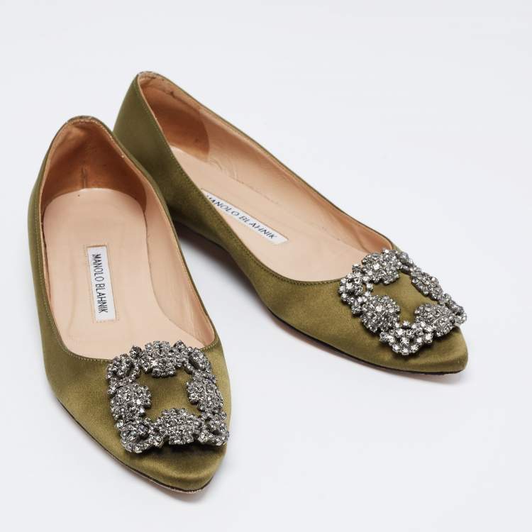 Pre Owned Manolo Blahnik Olive Green Satin Hangisi Ballet Flats Size 35