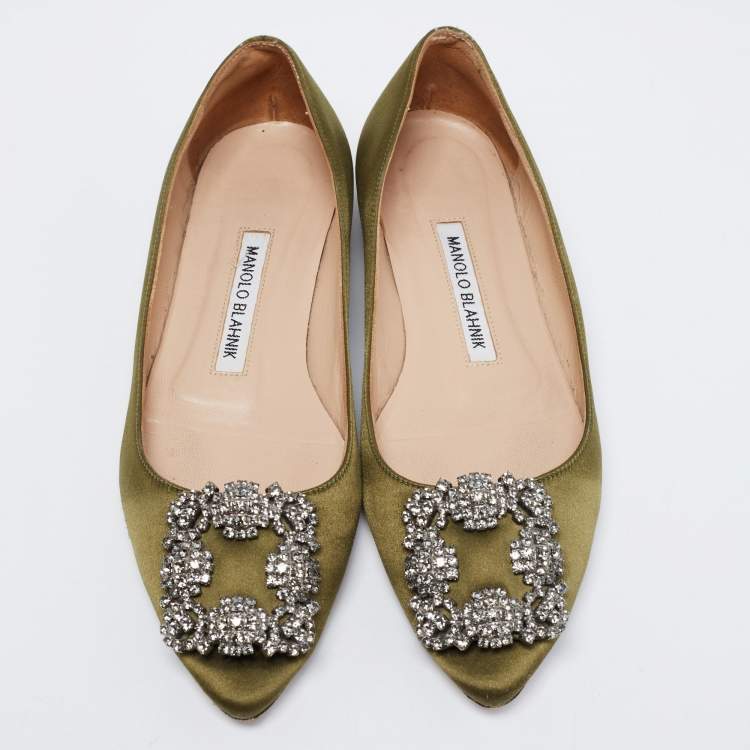 Pre Owned Manolo Blahnik Olive Green Satin Hangisi Ballet Flats Size 35