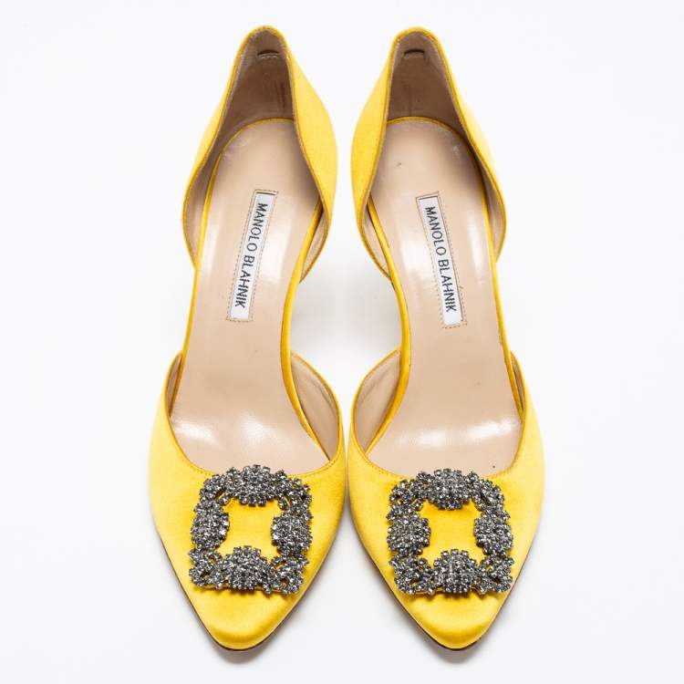 Pre Owned Manolo Blahnik Yellow Satin Hangisi  Pumps Size 39.5 