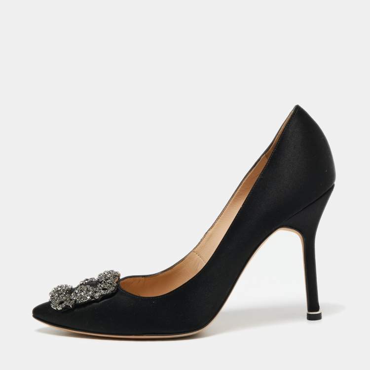 Pre Owned Manolo Blahnik Black Satin Hangisi Pumps Size 37.5