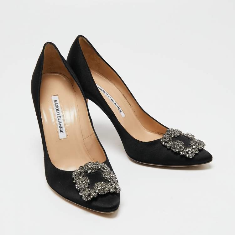 Pre Owned Manolo Blahnik Black Satin Hangisi Pumps Size 37.5