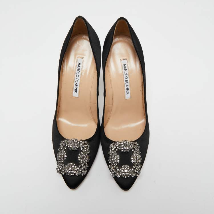 Pre Owned Manolo Blahnik Black Satin Hangisi Pumps Size 37.5