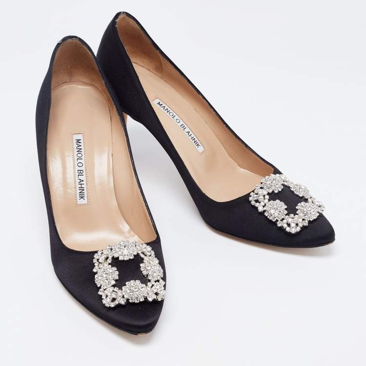 Pre Owned Manolo Blahnik Black Satin Hangisi Pumps Size 38.5
