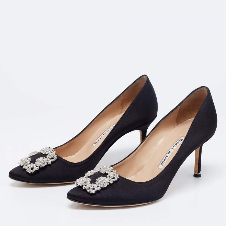 Pre Owned Manolo Blahnik Black Satin Hangisi Pumps Size 38.5