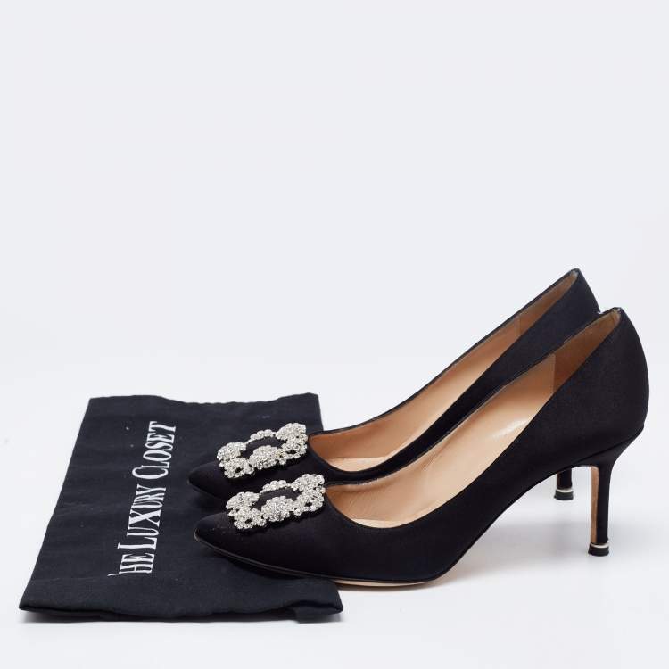 Pre Owned Manolo Blahnik Black Satin Hangisi Pumps Size 38.5