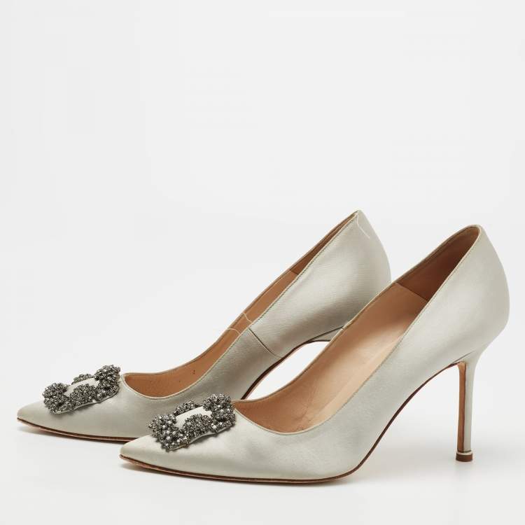 Pre Owned Manolo Blahnik Grey Satin Hangisi  Pumps Size 40