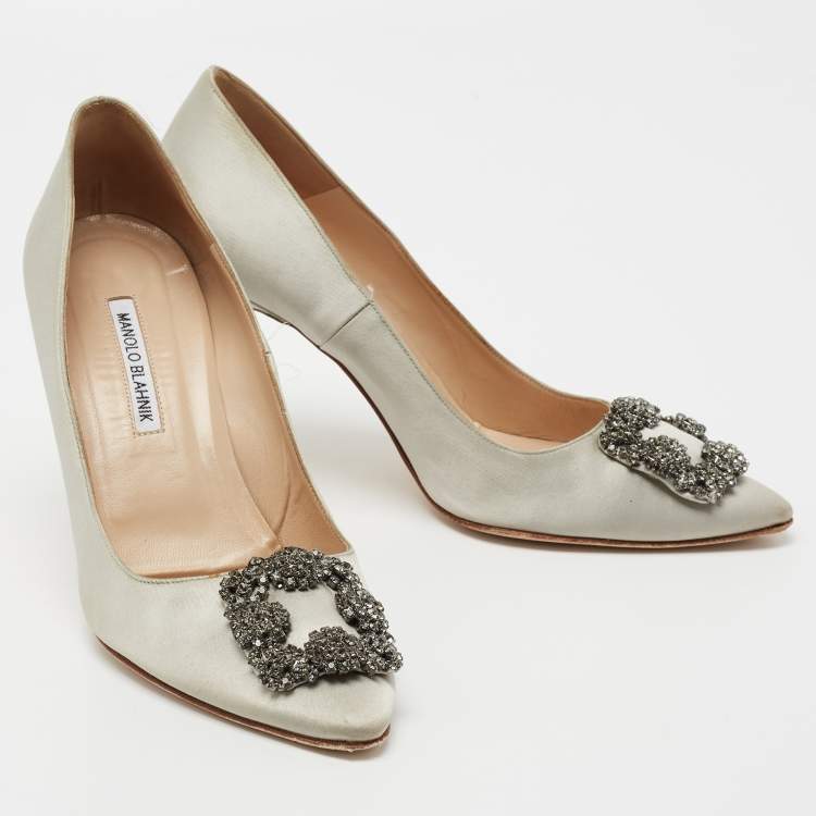 Pre Owned Manolo Blahnik Grey Satin Hangisi  Pumps Size 40