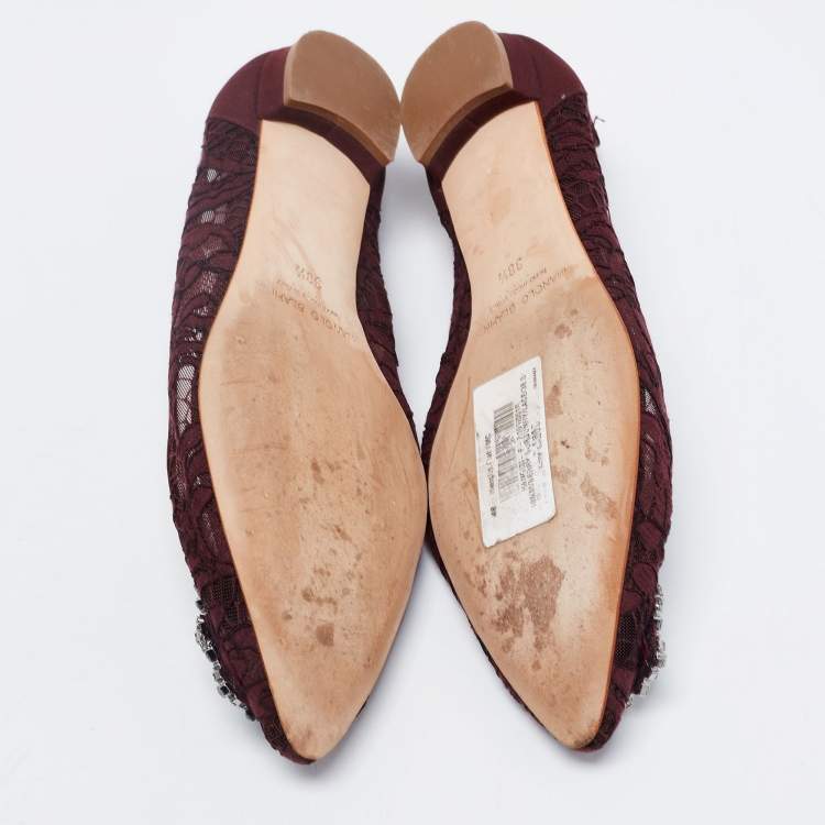 Pre Owned Manolo Blahnik Burgundy Lace Hangisi Ballet Flats Size 38.5