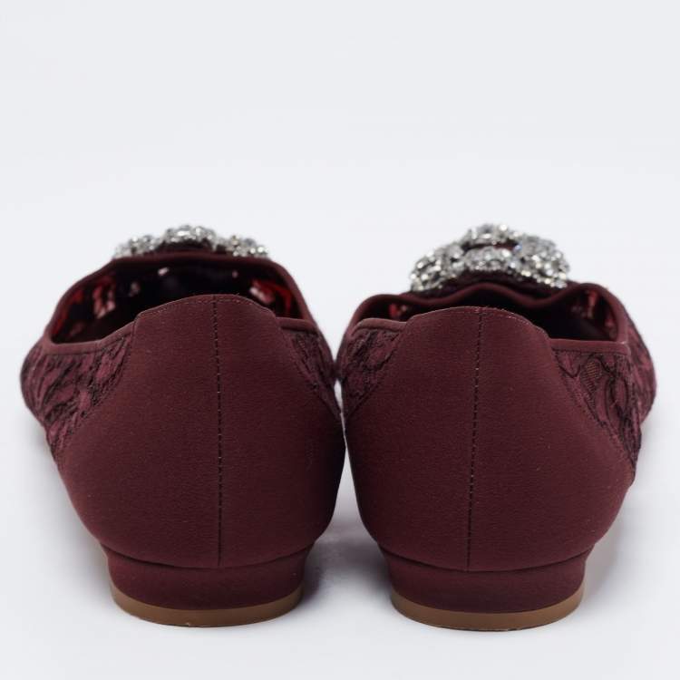 Pre Owned Manolo Blahnik Burgundy Lace Hangisi Ballet Flats Size 38.5