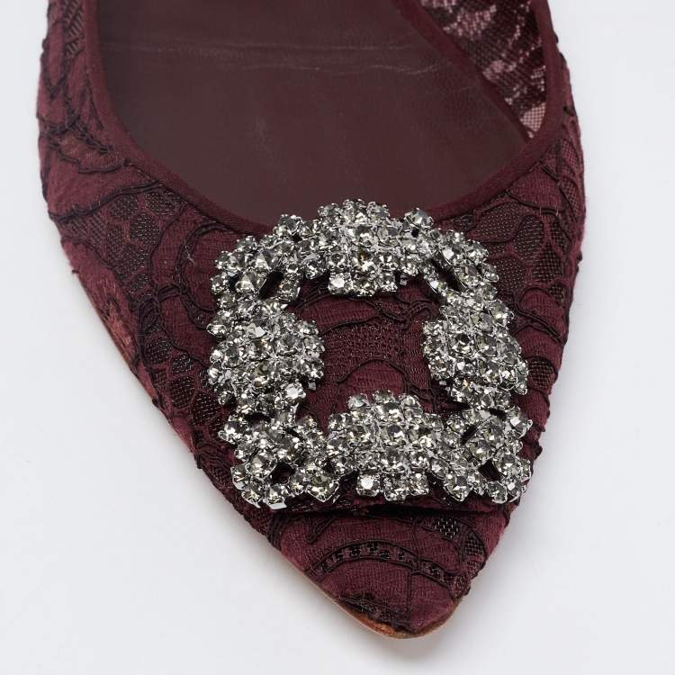 Pre Owned Manolo Blahnik Burgundy Lace Hangisi Ballet Flats Size 38.5