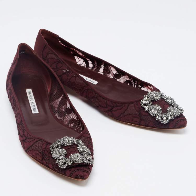 Pre Owned Manolo Blahnik Burgundy Lace Hangisi Ballet Flats Size 38.5