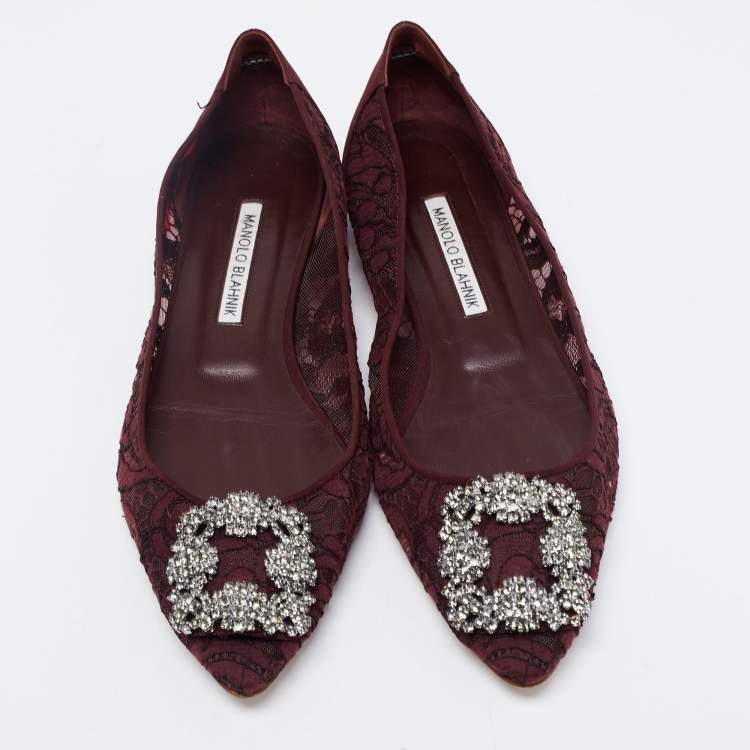 Pre Owned Manolo Blahnik Burgundy Lace Hangisi Ballet Flats Size 38.5