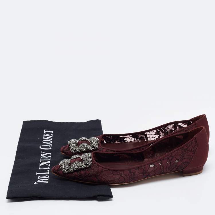Pre Owned Manolo Blahnik Burgundy Lace Hangisi Ballet Flats Size 38.5