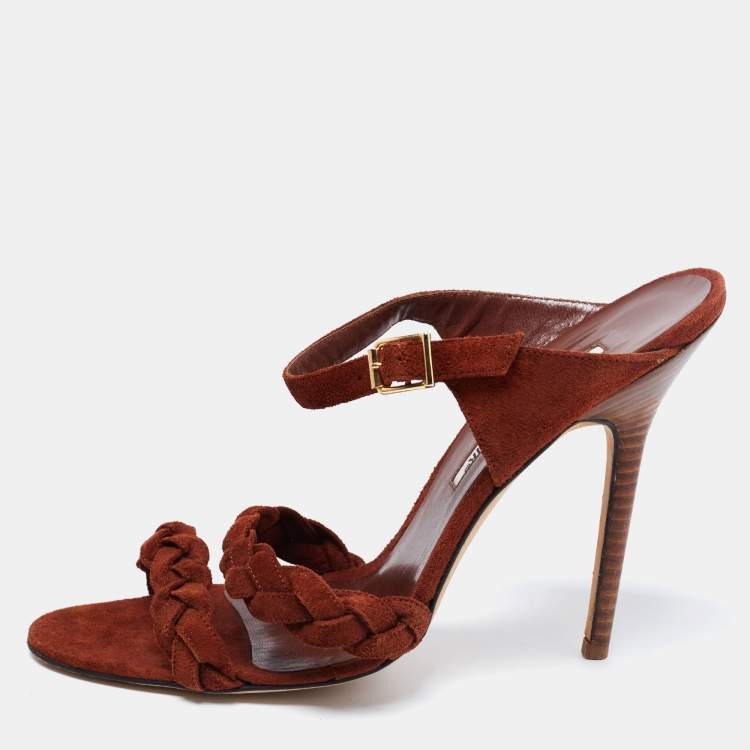 Pre Owned Manolo Blahnik Brown Braided Suede Open-Toe Sandals Size 41