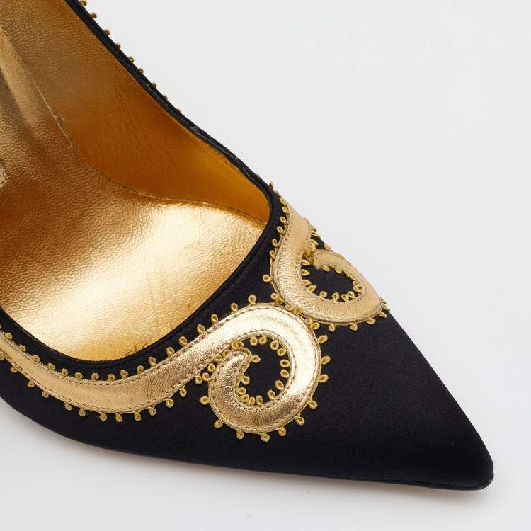 Pre Owned Manolo Blahnik Black/Gold Satin And Leather Embroidered Pointed Toe Pumps Size 37.5
