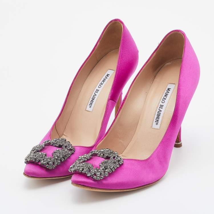 Pre Owned Manolo Blahnik Pink Satin Hangisi Crystal Embellished Pumps Size 37.5