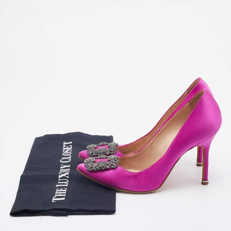 Pre Owned Manolo Blahnik Pink Satin Hangisi Crystal Embellished Pumps Size 37.5