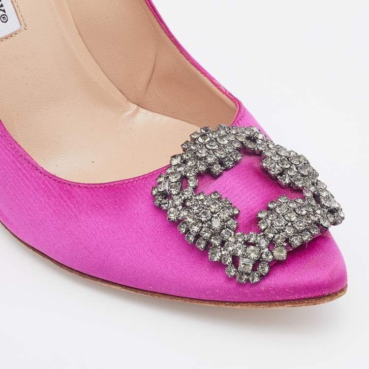 Pre Owned Manolo Blahnik Pink Satin Hangisi Crystal Embellished Pumps Size 37.5