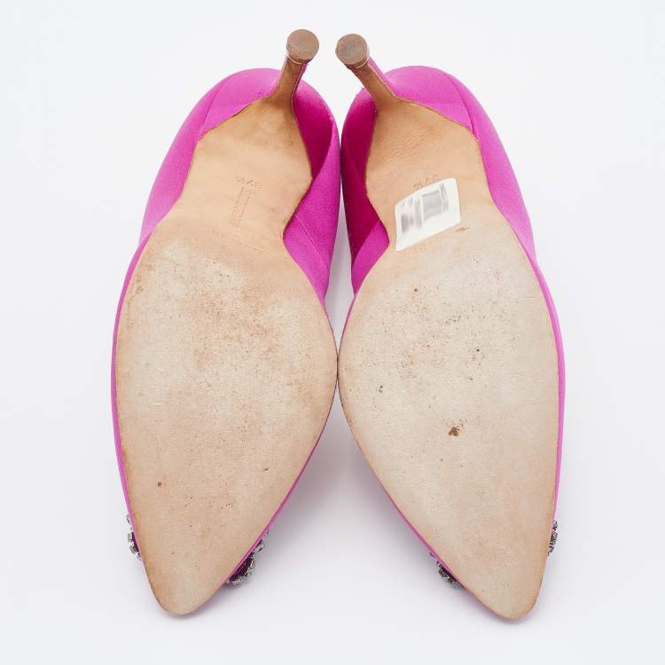 Pre Owned Manolo Blahnik Pink Satin Hangisi Crystal Embellished Pumps Size 37.5