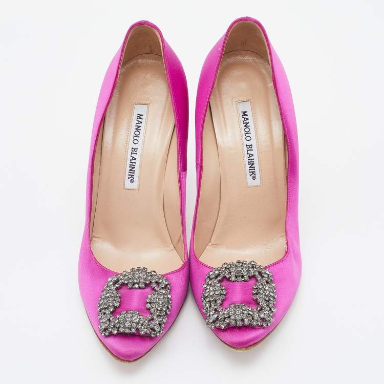 Pre Owned Manolo Blahnik Pink Satin Hangisi Crystal Embellished Pumps Size 37.5