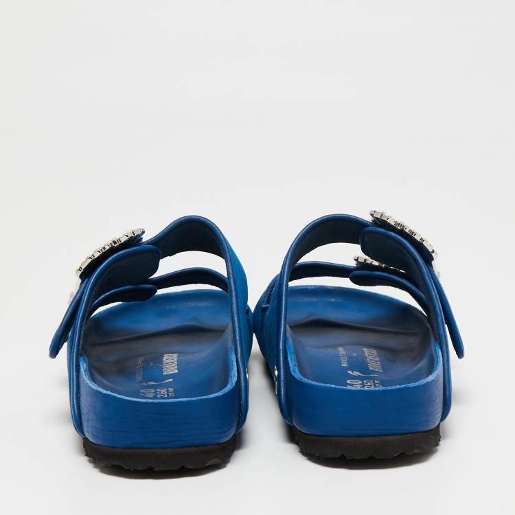 Pre Owned Birkenstock X Manolo Blahnik Blue Velvet Crystal Embellishments Slides Size 40