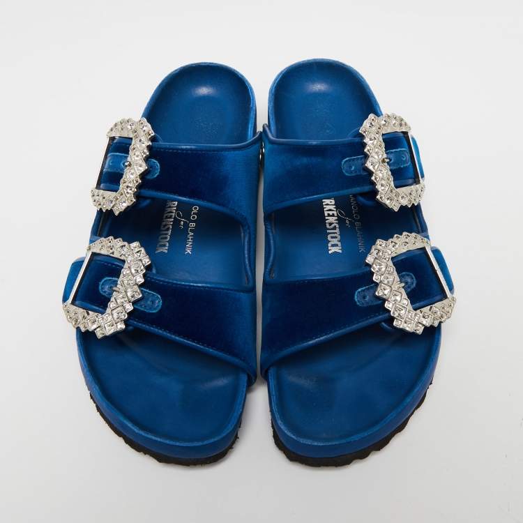 Pre Owned Birkenstock X Manolo Blahnik Blue Velvet Crystal Embellishments Slides Size 40